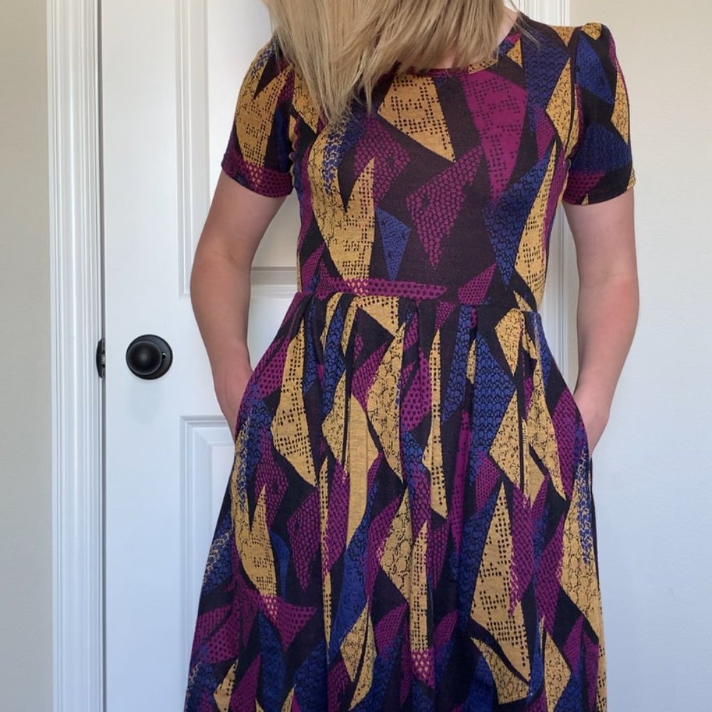 LulaRoe Gold, Blue, and Purple Midi Dress - XS